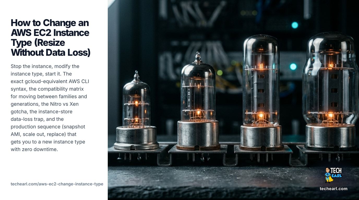 Change an EC2 instance type without data loss: stop the instance, run aws ec2 modify-instance-attribute, start it again. Covers Nitro vs Xen compatibility, ENA and NVMe driver requirements, the instance-store ephemeral-data trap, and the zero-downtime ASG rolling-replace pattern.