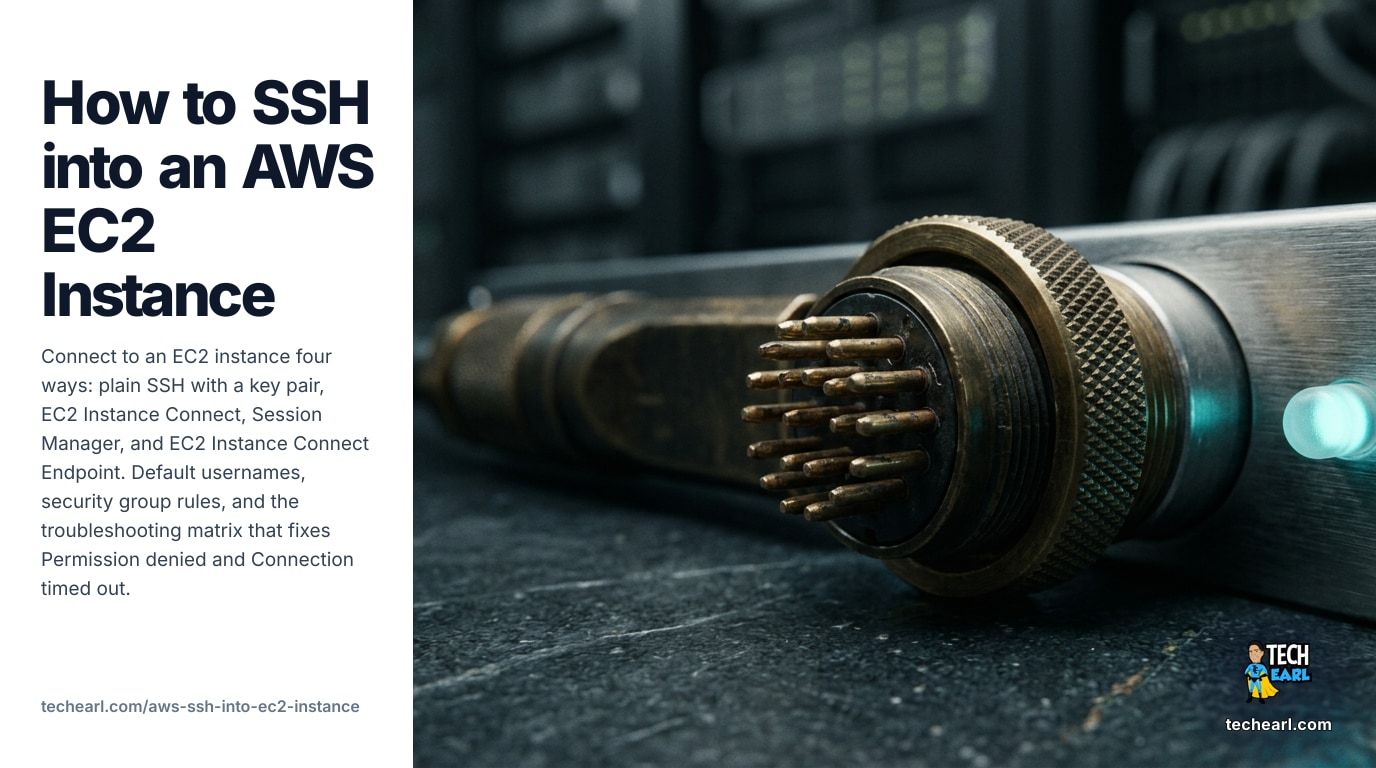 Connect to an AWS EC2 instance using plain SSH with a key pair, EC2 Instance Connect, AWS Systems Manager Session Manager, or an EC2 Instance Connect Endpoint for private instances. Default usernames, security group rules, and troubleshooting Permission denied and Connection timed out.