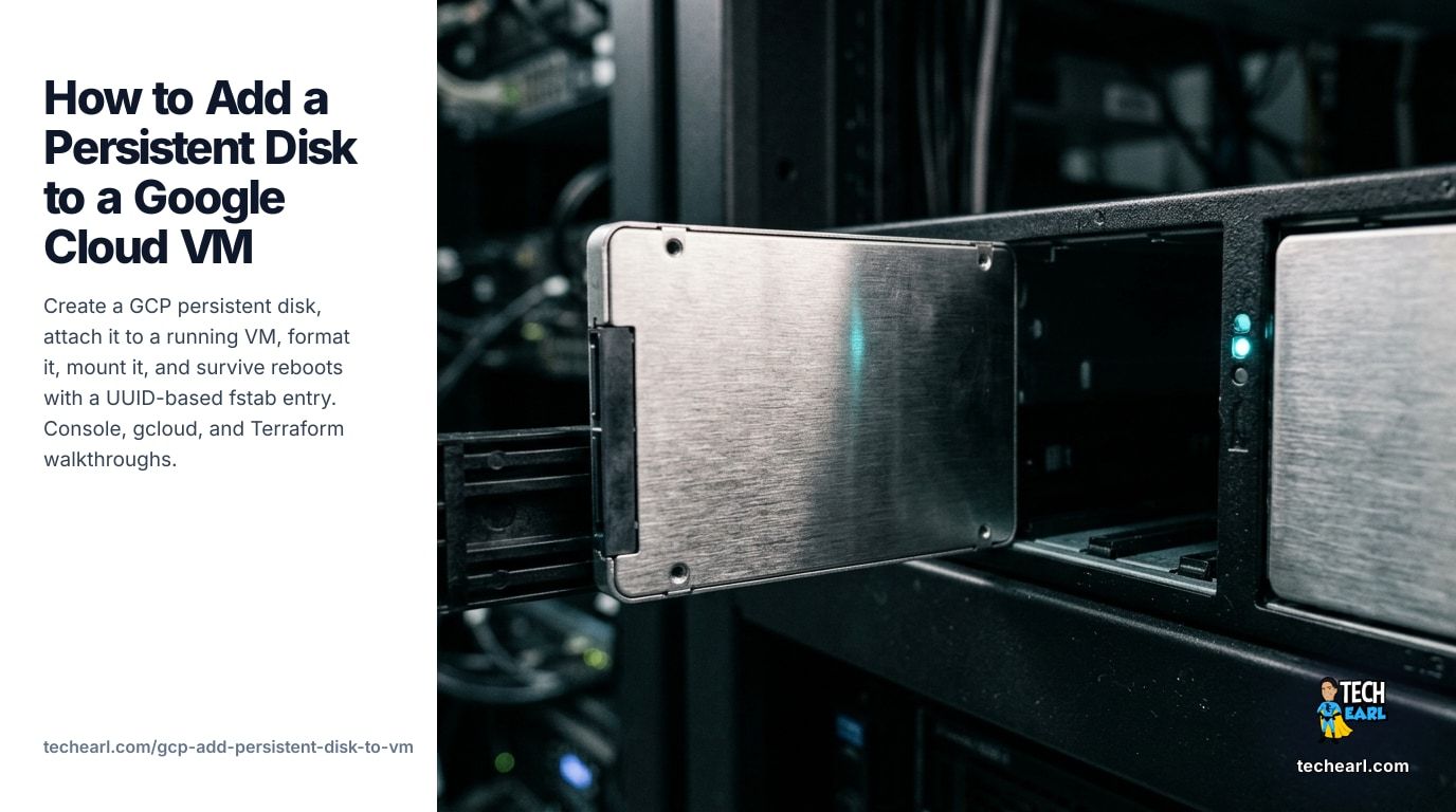 Create a GCP persistent disk, attach it to a running VM, format it with mkfs.ext4, mount it, and persist across reboots with a UUID-based /etc/fstab entry. gcloud, Console, and Terraform.