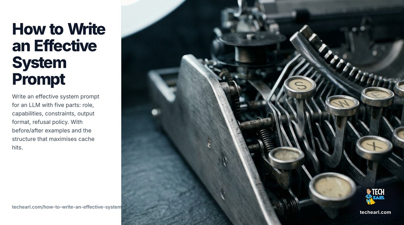 Write an effective system prompt with five parts: role, capabilities, constraints, output, refusal. Before/after examples and the structure that maximises cache hits.