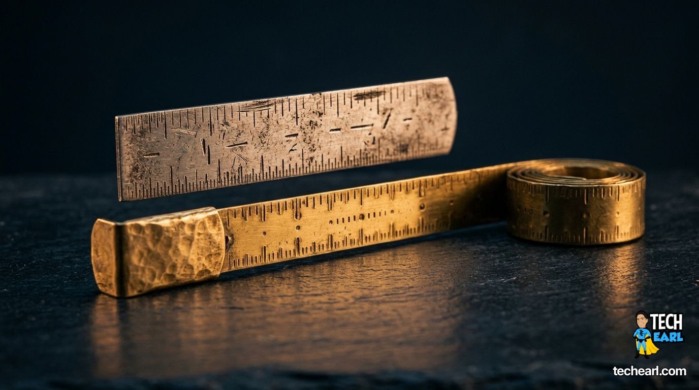 Macro photograph of an old metal ruler being replaced by a longer brass measuring tape on a dark slate workbench, single warm side light