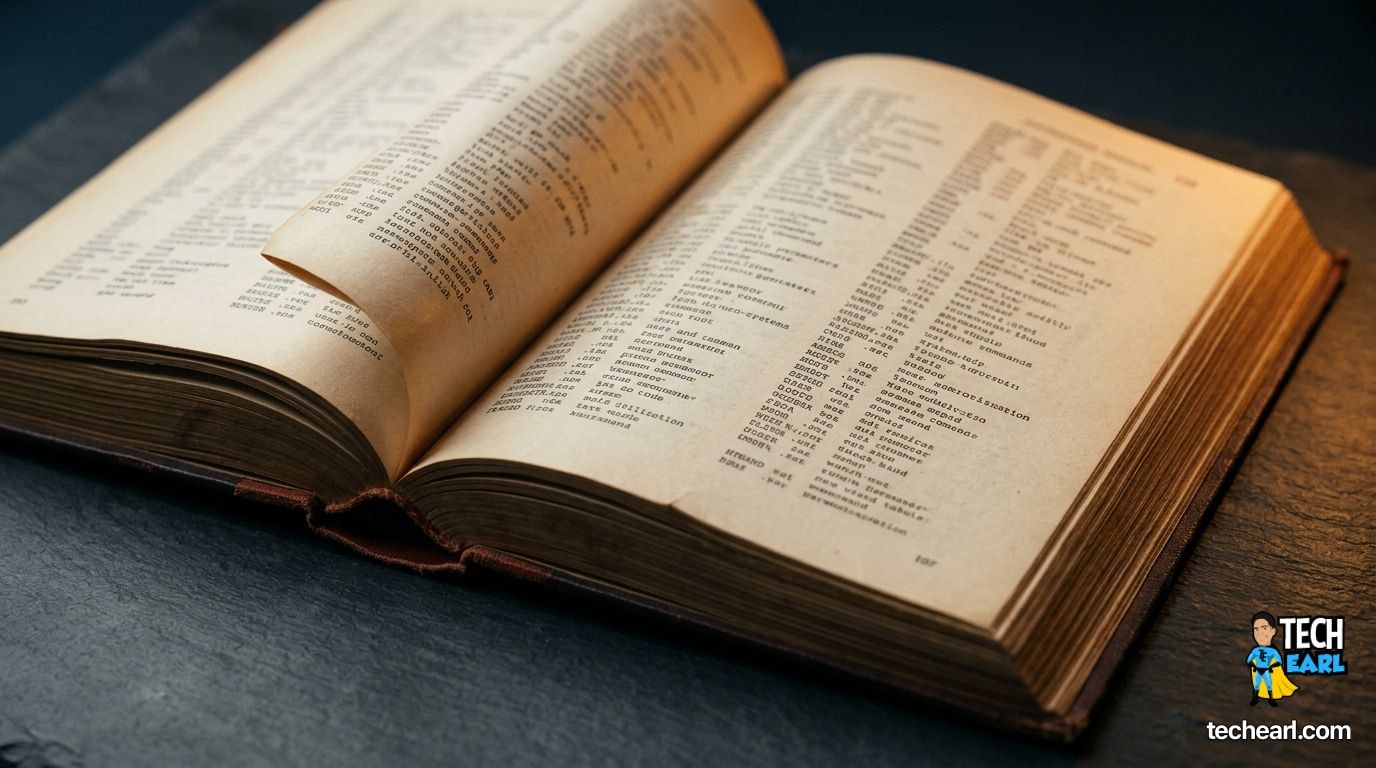 Open vintage hardcover reference manual on a dark slate desk, dense columned print on warm cream pages lit by a single warm amber side lamp