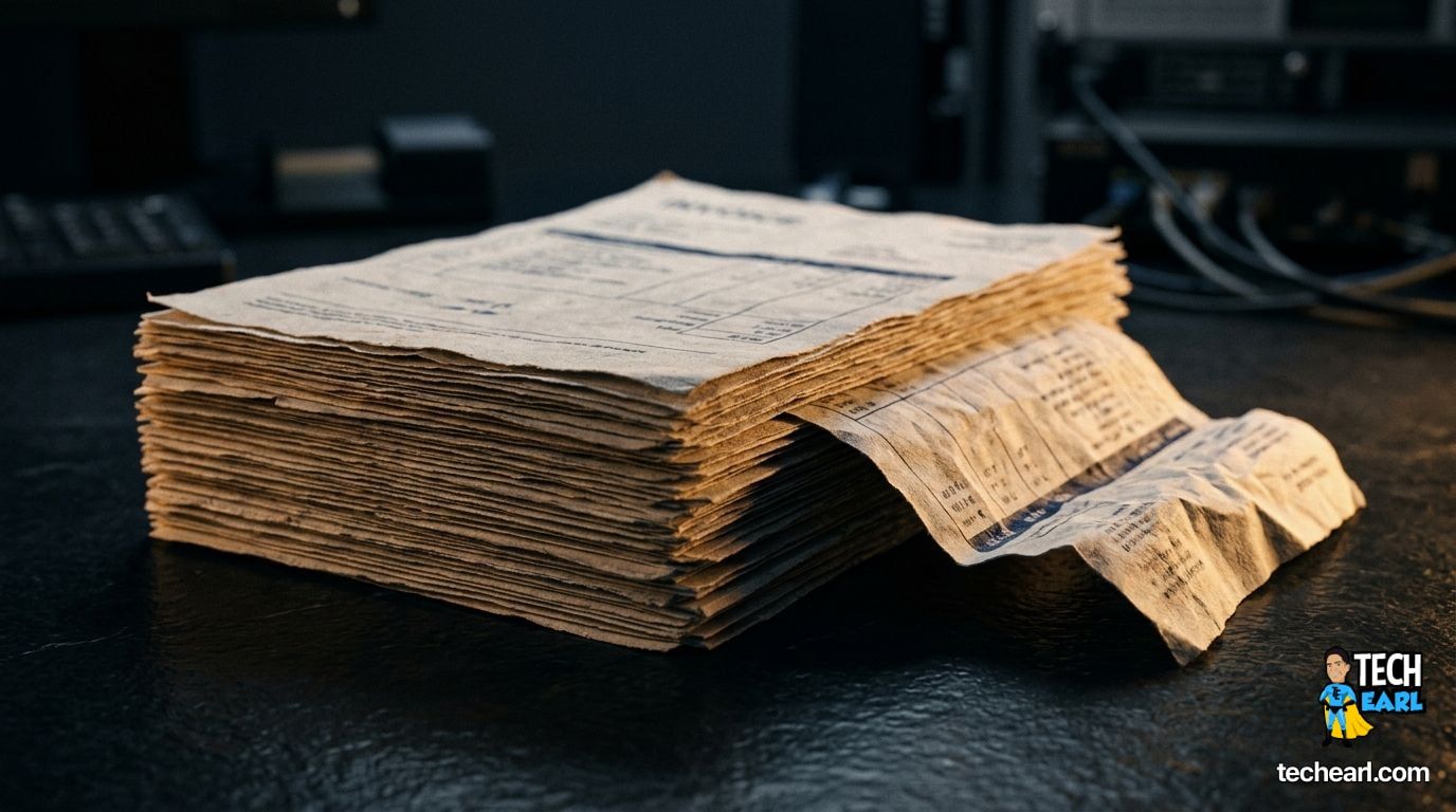 Macro photograph of a stack of paper documents on a dark slate desk with a single sheet pulled out and crumpled to the side, warm amber side light
