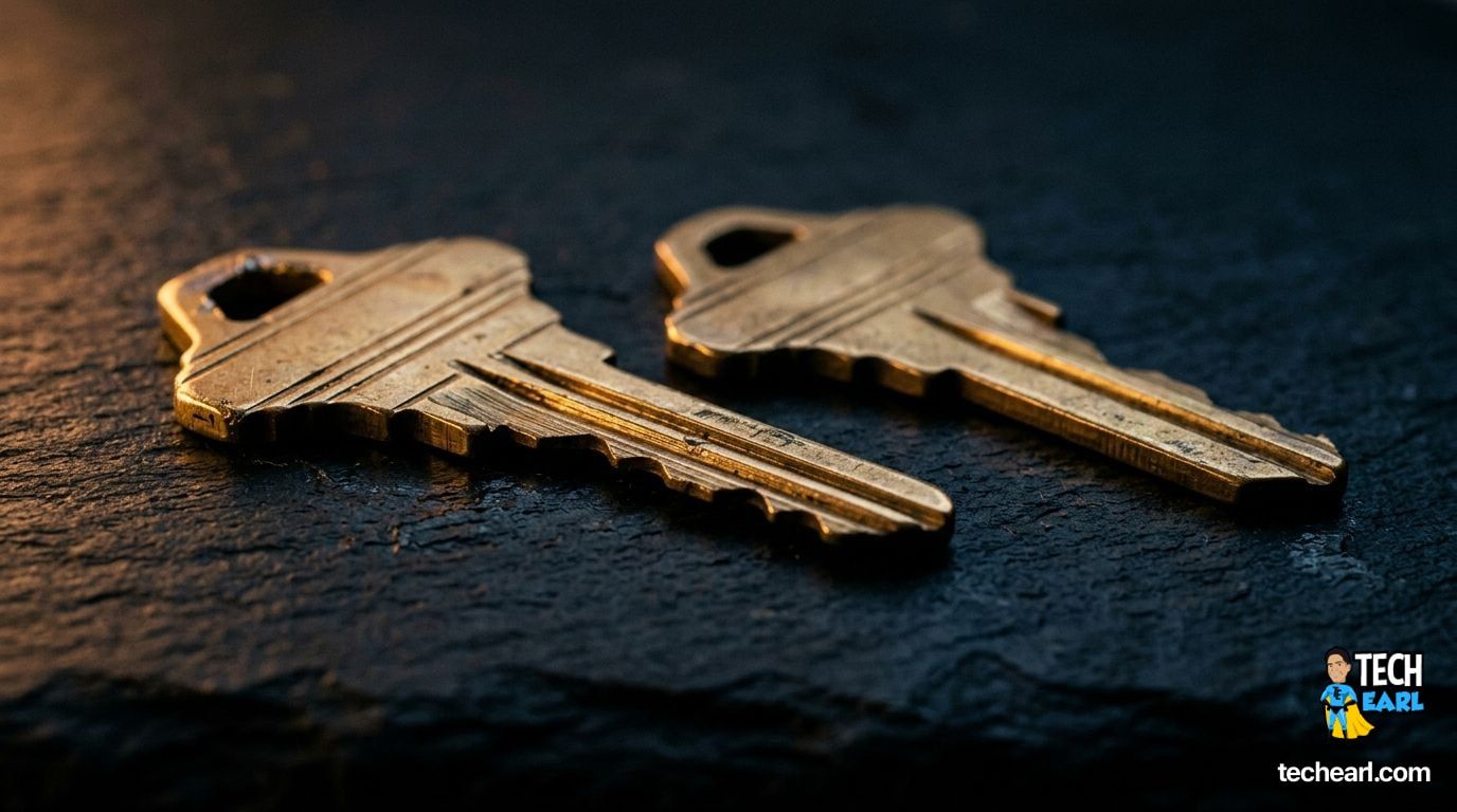 Macro photograph of two near-identical brass keys laid side by side on a dark slate surface under a single warm side light, slight reflection on the metal, shallow depth of field, moody editorial mood