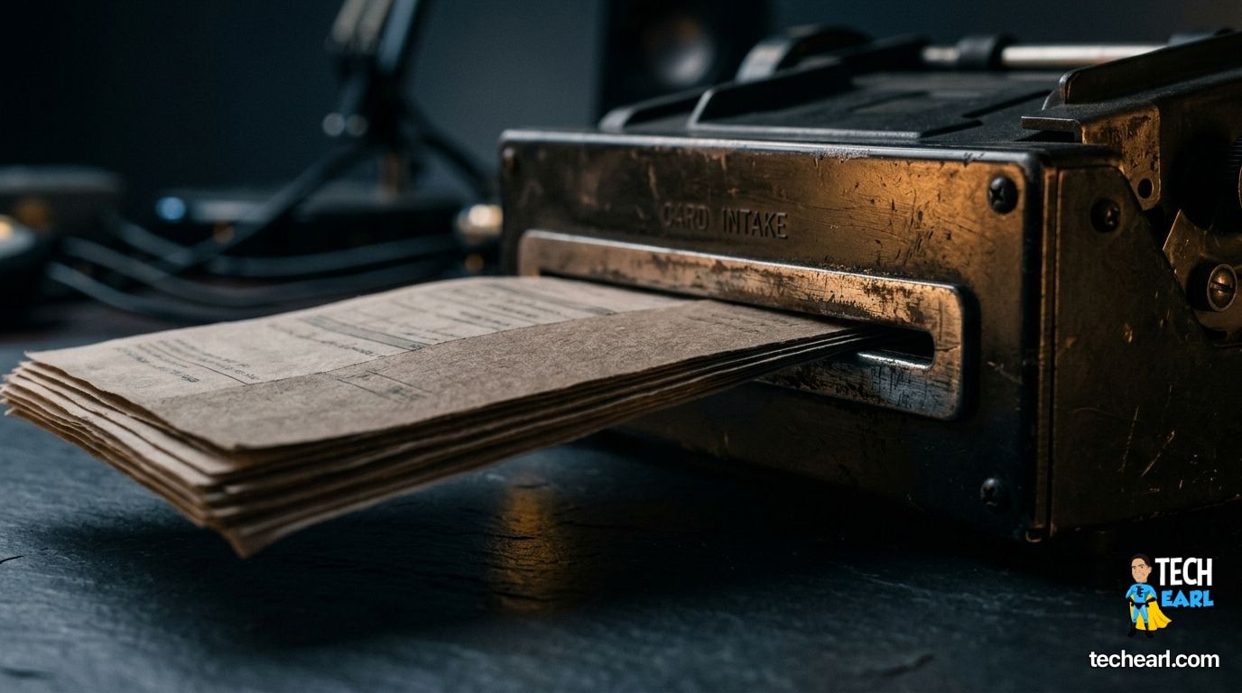 Macro photograph of a paper invoice with carbon-copy receipts being fed into an old card-reader on a dark slate desk, warm amber side lamp