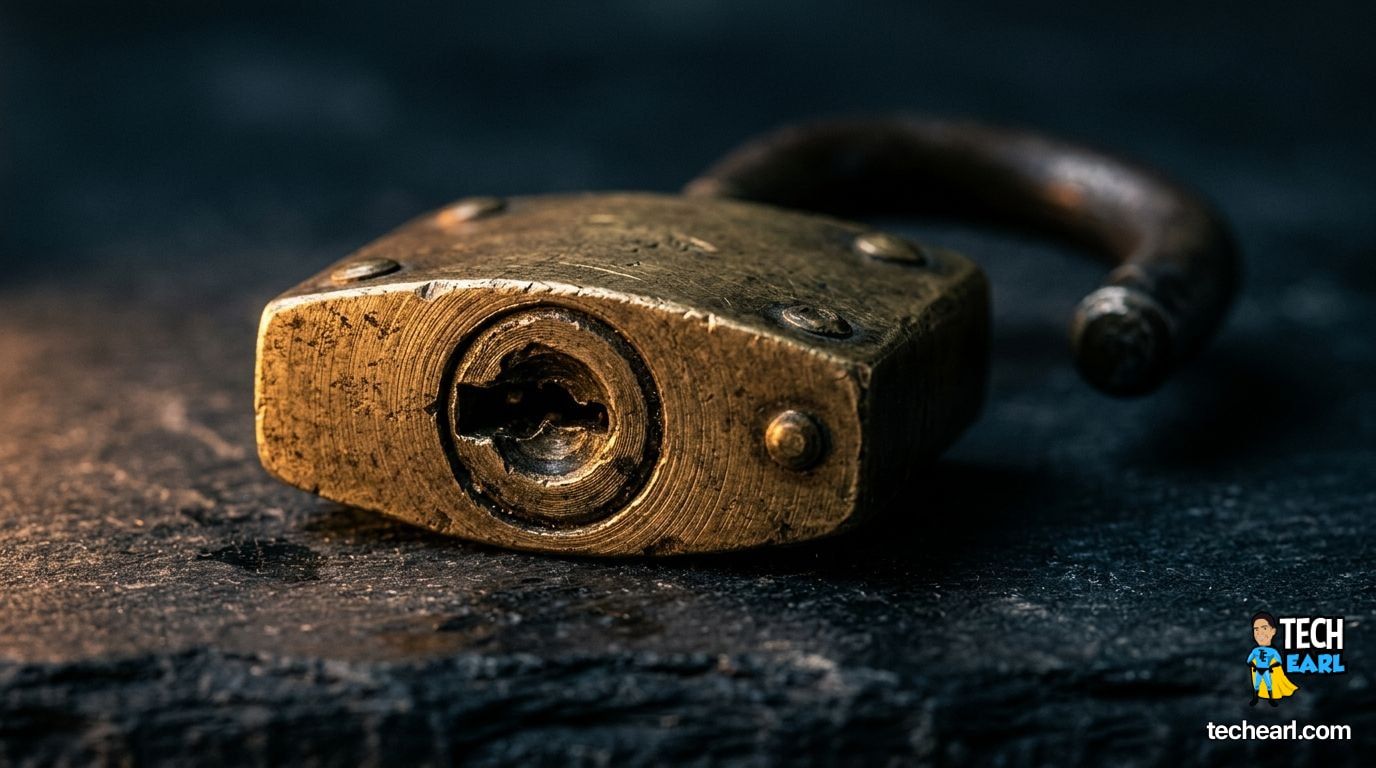 Macro close-up of an old brass padlock with the shackle slightly open on a dark slate surface lit by a single warm side lamp
