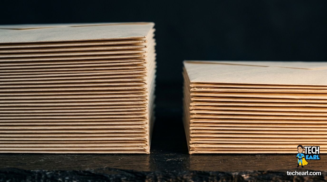 Macro photograph of two stacks of paper envelopes on a dark slate desk, one stack noticeably shorter, single warm side lamp lighting the edges