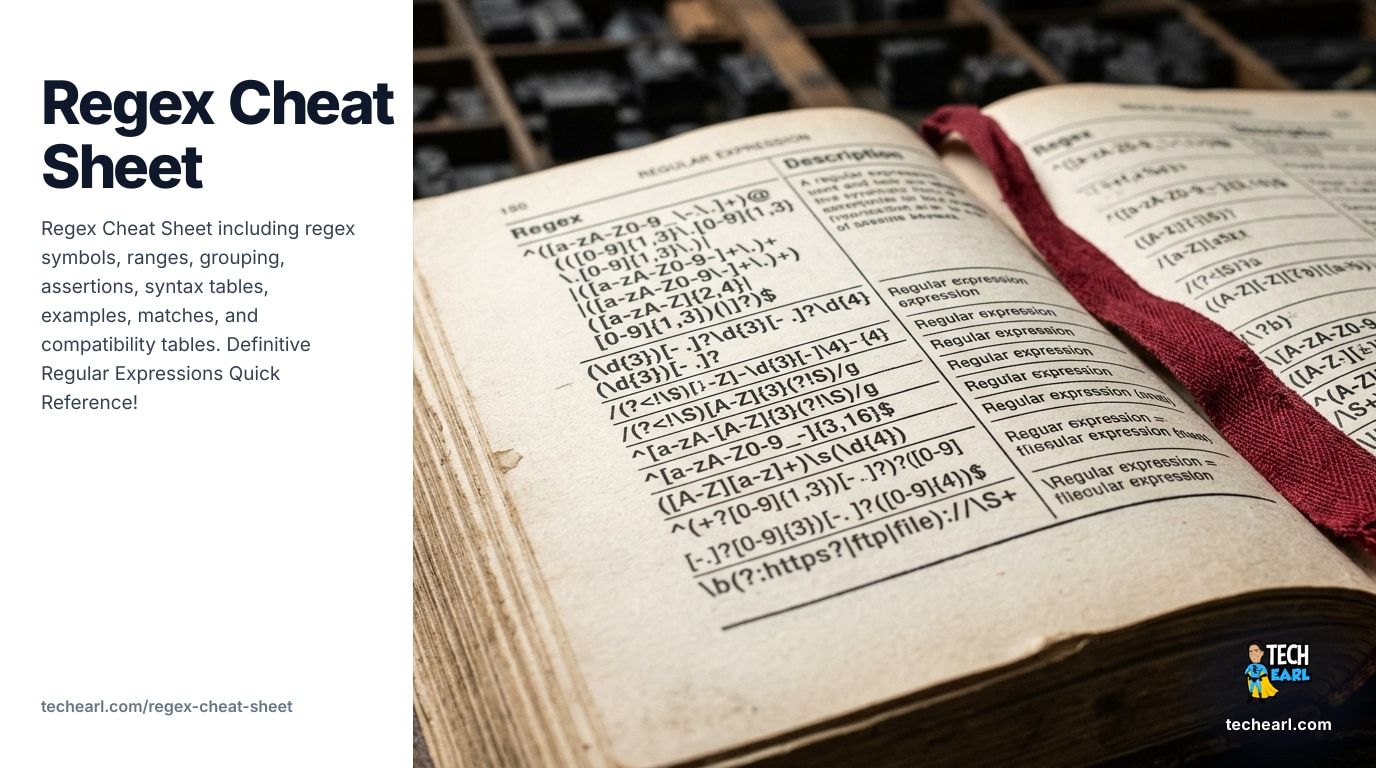 Regex Cheat Sheet including regex symbols, ranges, grouping, assertions, syntax tables, examples, matches, and compatibility tables. Definitive Regular Expressions Quick Reference!