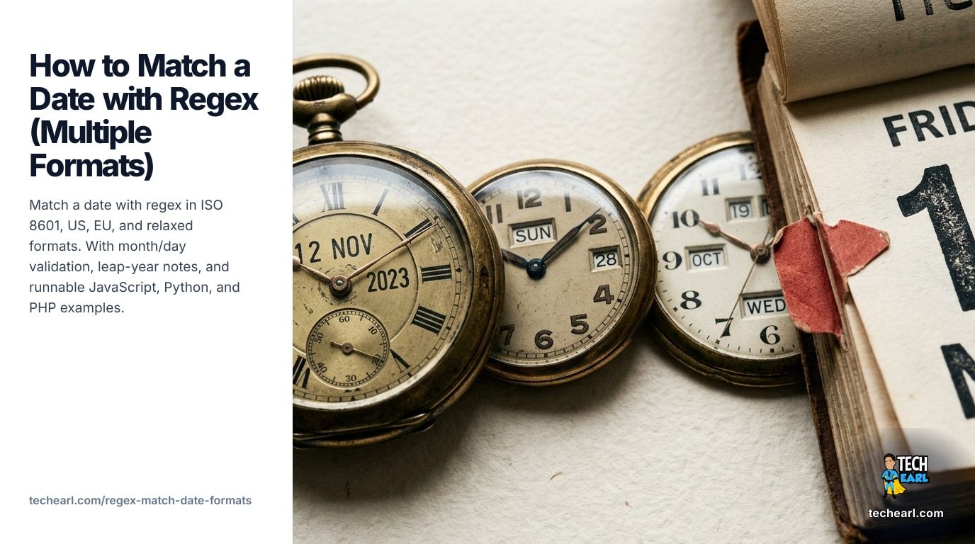 Match a date with regex in ISO 8601, US (MM/DD/YYYY), EU (DD/MM/YYYY), and relaxed forms. Month/day validation, leap-year note. JavaScript / Python / PHP examples, engine notes, common mistakes.