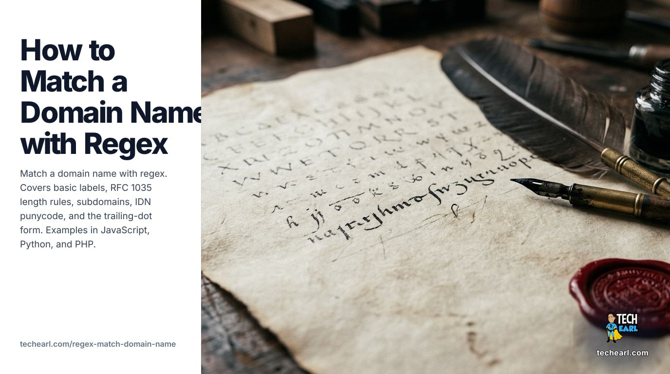 Match a domain name with regex. Basic labels, RFC 1035 length rules, subdomains, IDN punycode, trailing-dot form, JavaScript / Python / PHP examples, engine notes, and common mistakes.