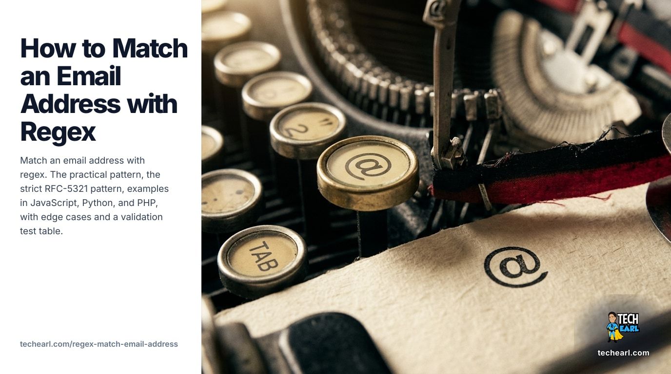 Match an email address with regex. Practical pattern, strict RFC 5321 pattern, JavaScript / Python / PHP examples, edge cases, engine compatibility, common mistakes, and a test table.