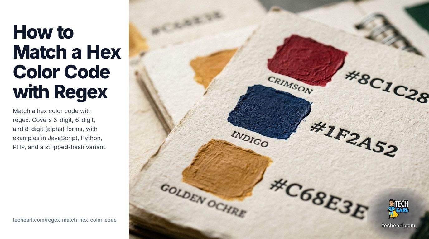 Match a hex color code with regex. 3-digit, 6-digit, and 8-digit (alpha) forms. Case-insensitive. JavaScript / Python / PHP examples, engine notes, common mistakes, test cases.