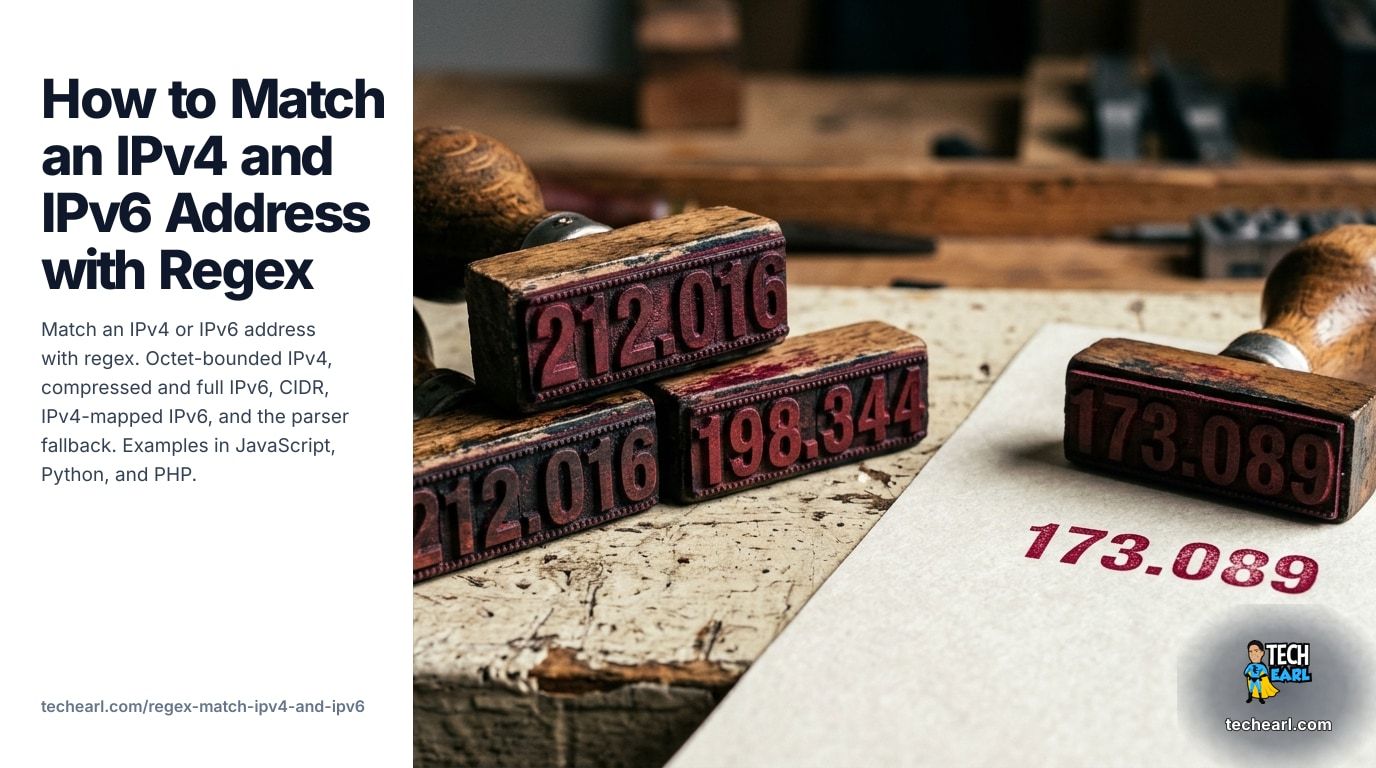 Match an IPv4 or IPv6 address with regex. Octet-bounded IPv4, compressed/full IPv6, CIDR, mapped IPv6, parser fallback. JavaScript / Python / PHP examples, engine notes, common mistakes.