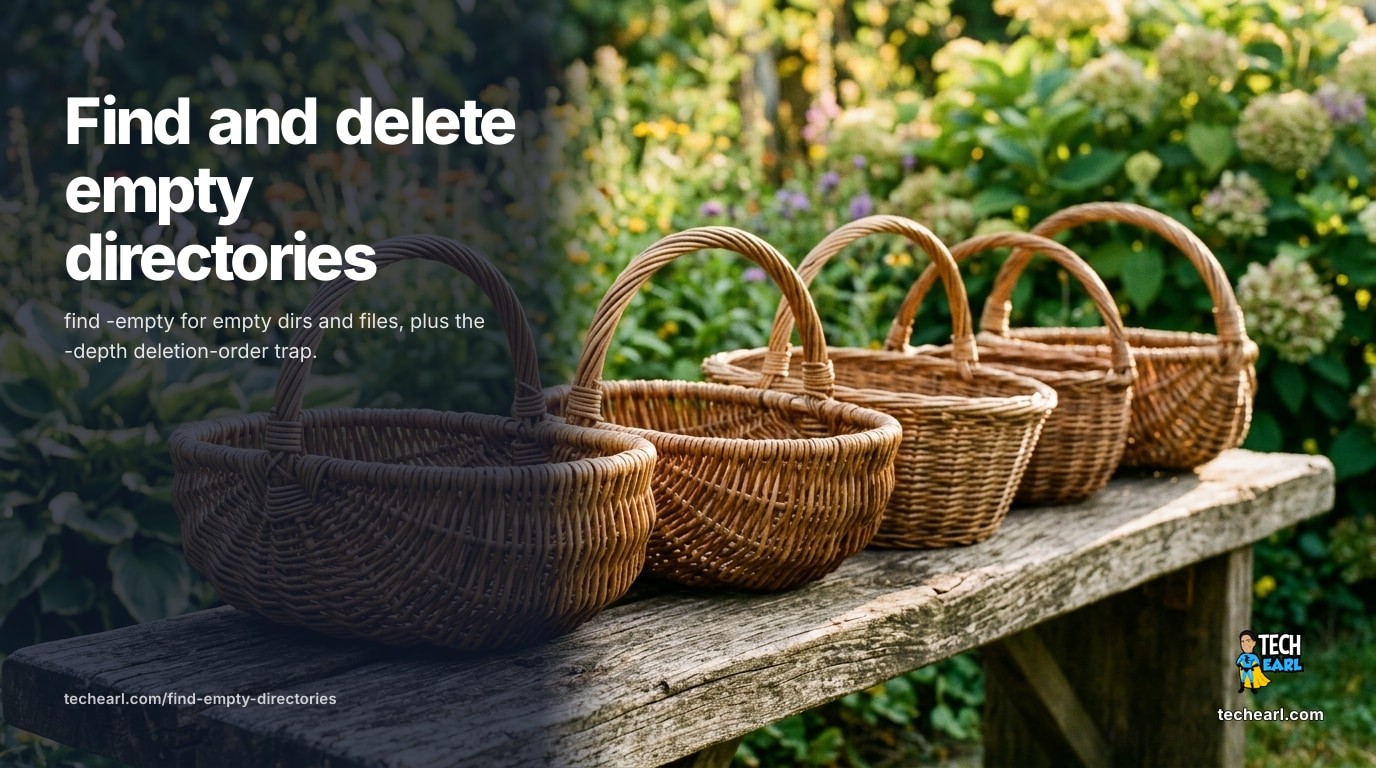 Use find -type d -empty to list empty directories and find -type f -empty for empty files. The -depth trap for deleting nested empty trees, the hidden-file gotcha, the safe two-pass cleanup, and BSD vs GNU find notes.