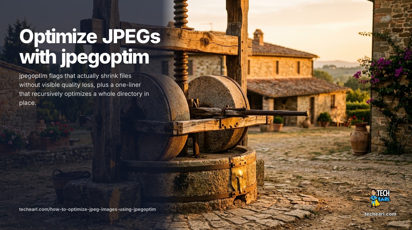 jpegoptim CLI usage: lossless and lossy modes, --max quality, --strip-all metadata removal, bulk find + xargs -P parallel pipelines, comparisons with mozjpeg, squoosh-cli, and sharp-cli.