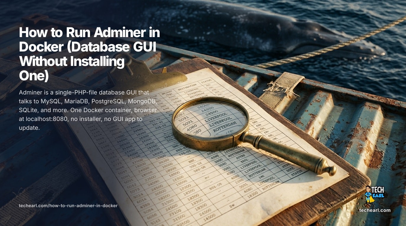 Adminer in a Docker container: a single-file PHP database GUI that talks to MySQL, MariaDB, PostgreSQL, MongoDB, SQLite, and others. No installer, browse at localhost:8080.