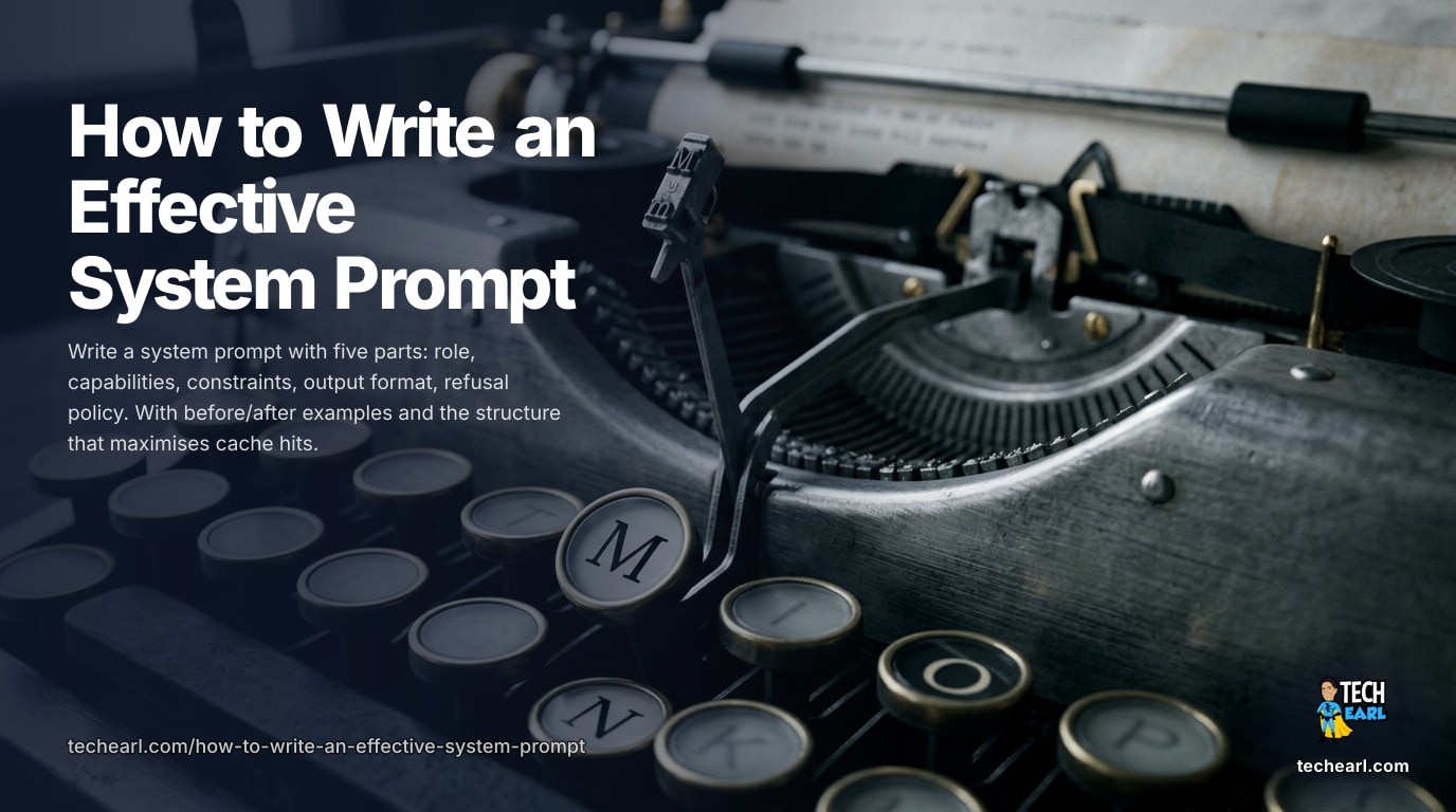 Write an effective system prompt with five parts: role, capabilities, constraints, output, refusal. Before/after examples and the structure that maximises cache hits.