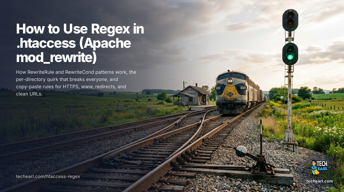 Using regex in Apache .htaccess with mod_rewrite: RewriteRule and RewriteCond pattern syntax, rewrite flags, and copy-paste rules for HTTPS redirects, www normalization, trailing slashes, 301 redirects, clean URLs, and blocking by user-agent or IP.