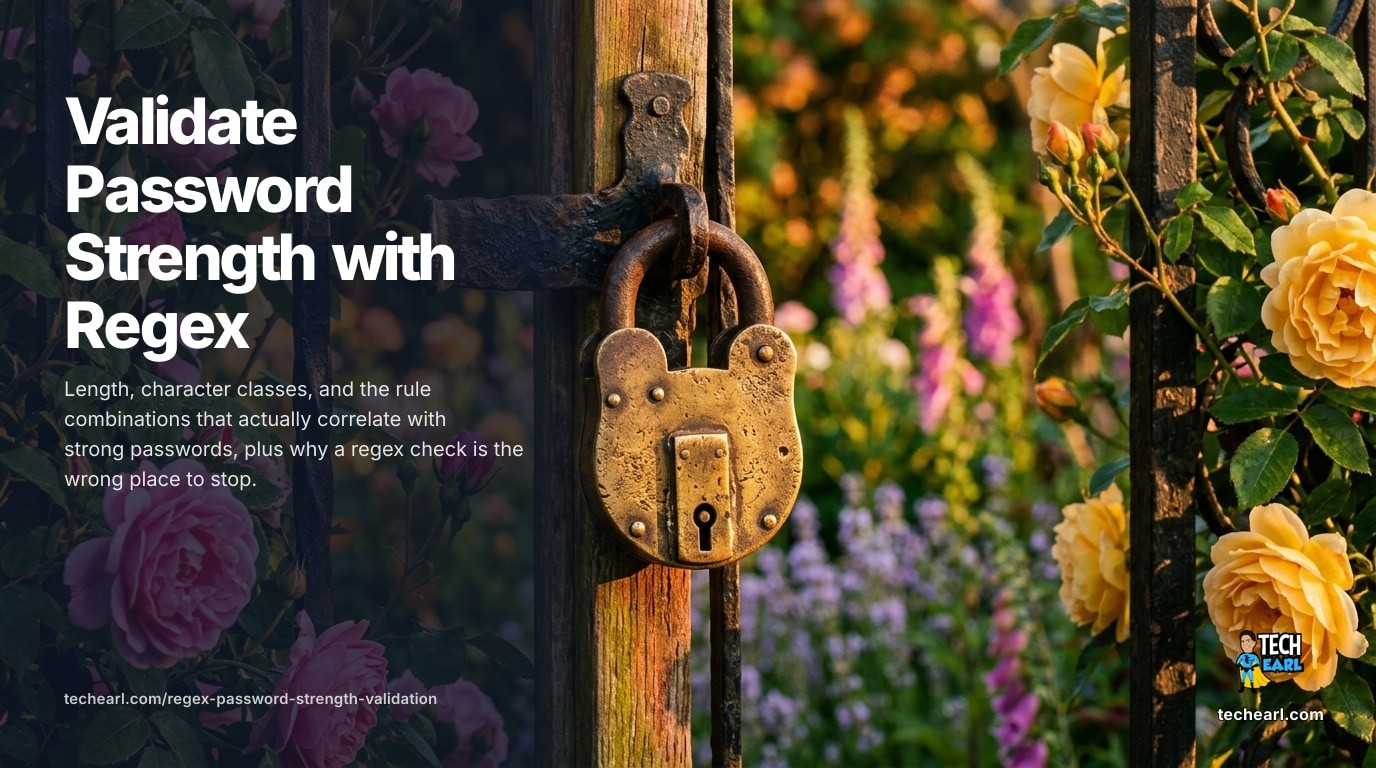 Validate password strength with regex. Length checks, character-class requirements, lookahead patterns for mixed-case/digit/special enforcement, examples in JavaScript, Python, and PHP, engine notes, common mistakes.