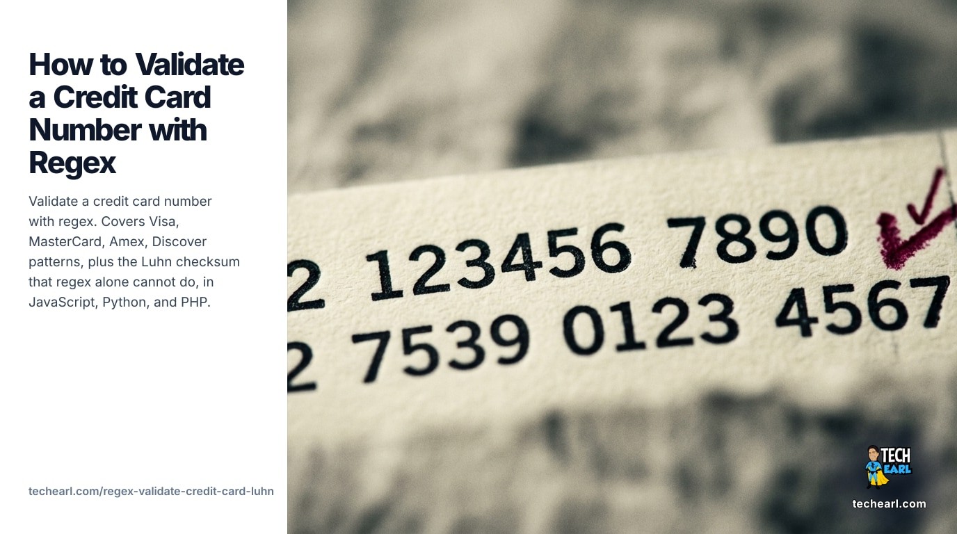 Validate a credit card number with regex: Visa, MasterCard, Amex, Discover, Diners, JCB. Plus the Luhn checksum. JavaScript / Python / PHP examples, engine notes, common mistakes, test cases.