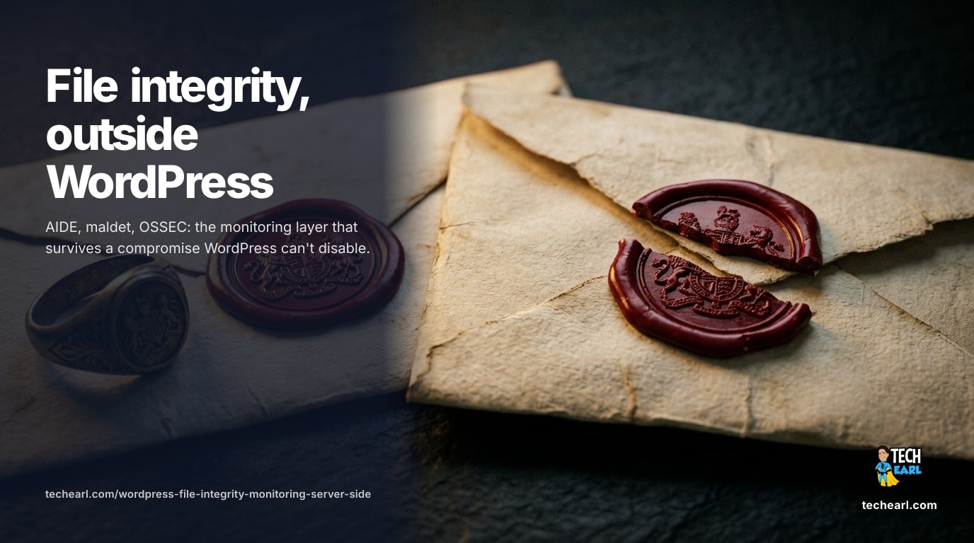Why in-WordPress security plugins can be disabled by malware, and the AIDE / maldet / OSSEC server-side monitoring stack that survives a compromise.