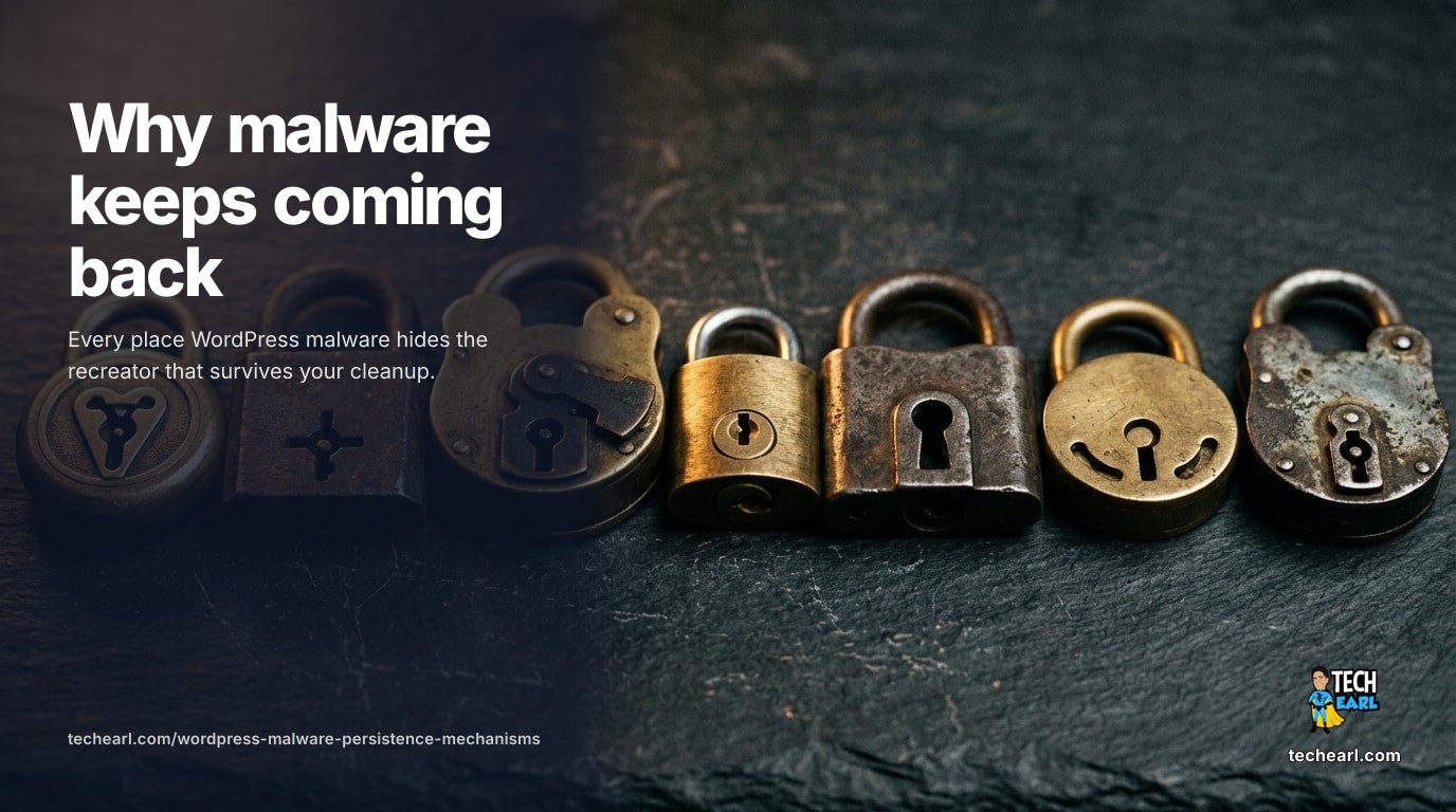 Why WordPress malware reappears after Wordfence, Sucuri, iThemes Security, Patchstack, and MalCare report clean. Complete catalog of persistence: wp_options autoload, WP-Cron, server crontab, htaccess auto_prepend, mu-plugins, drop-ins, REST endpoints, plus above-doc-root patterns (dotfile launchers, resident processes, ~/.config stashes) and named modern campaigns (Balada Injector, Sign1, gsyndication, Sysrv-hello, WP-VCD).
