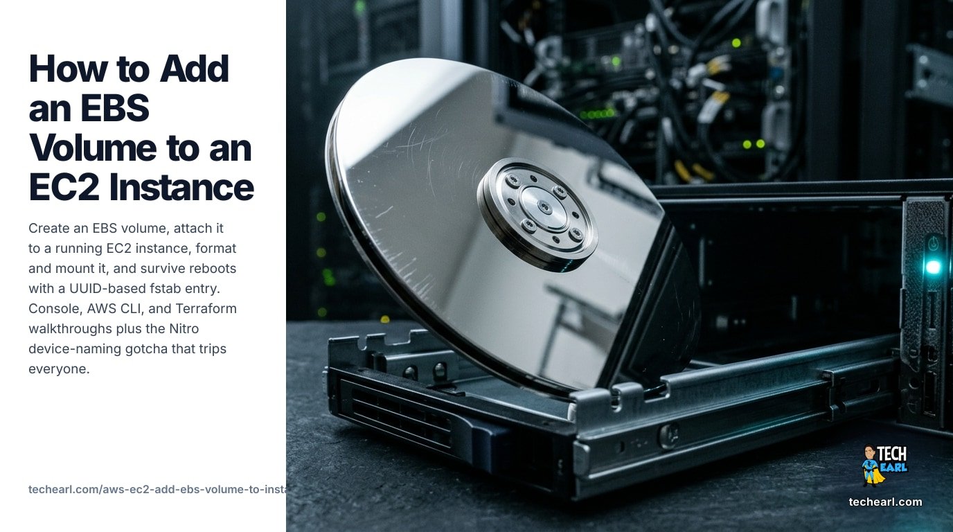 Create an EBS volume with aws ec2 create-volume, attach it to a running EC2 instance, format with mkfs.ext4 or mkfs.xfs, mount it, and persist across reboots with a UUID-based /etc/fstab entry. Console, AWS CLI, and Terraform walkthroughs.