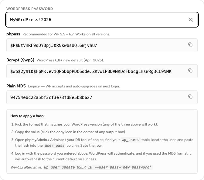 dnschkr.com WordPress Password Hash Generator tool screenshot showing phpass, bcrypt $wp$2y$, and plain MD5 outputs generated from the input MyW0rdPress!2026, each with a copy button, plus a step-by-step apply-the-hash guide below