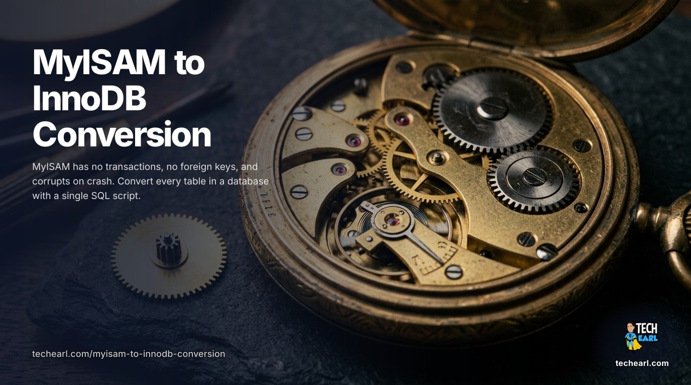 MySQL MyISAM to InnoDB Conversion: Why and How Convert every MyISAM table to InnoDB: why MyISAM is dead (no transactions, no FKs, crash-unsafe), the ALTER TABLE syntax, FULLTEXT considerations, and a script to convert all tables in a database.