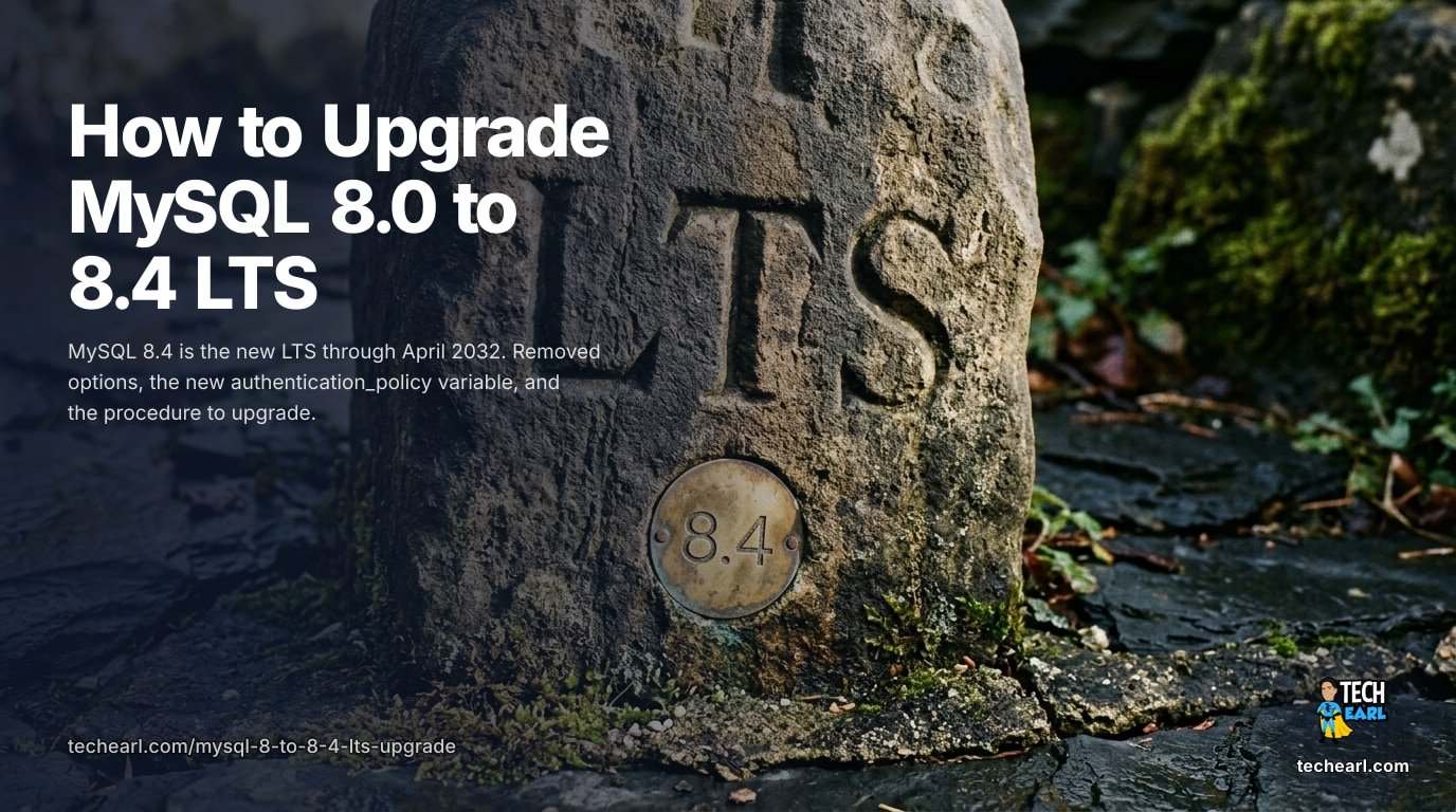 How to Upgrade MySQL 8.0 to 8.4 LTS Upgrade MySQL 8.0 to 8.4 LTS: removed deprecated options, authentication_policy variable, mysql_native_password disabled by default, in-place upgrade procedure.