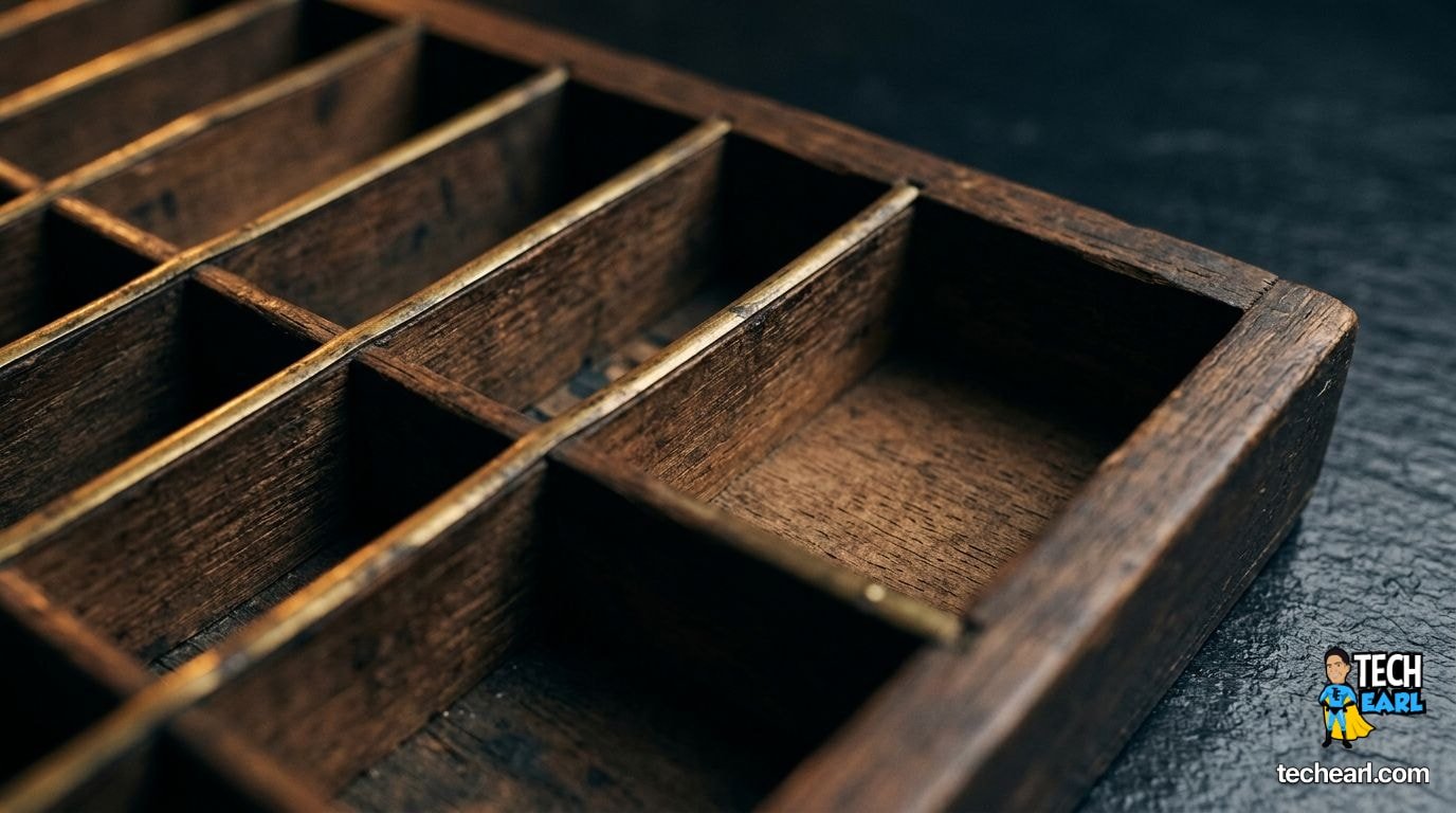 Adding a column to a MySQL table Macro photograph of a printer's typecase drawer with brass-and-wood compartments, one new compartment freshly added at the end, single warm side light