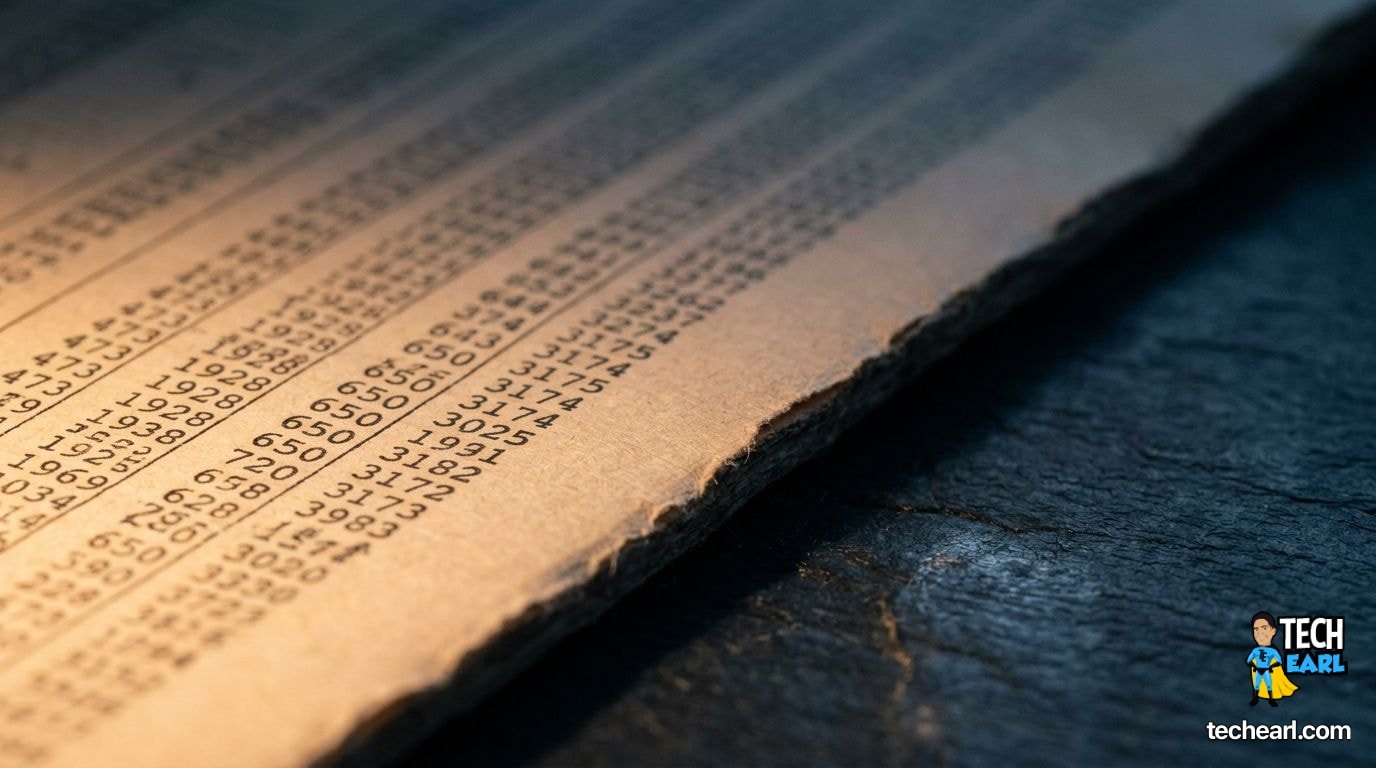 Macro photograph of a printed spreadsheet ledger on a dark slate desk, neat columns of numbers in monospaced print, single warm side lamp grazing the page edge