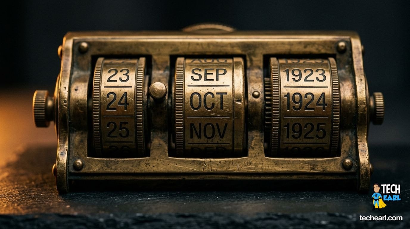 Formatting a MySQL DATETIME in a SELECT Macro photograph of an antique brass desk calendar with rotating date wheels on a dark slate desk, single warm side lamp grazing the metal edges