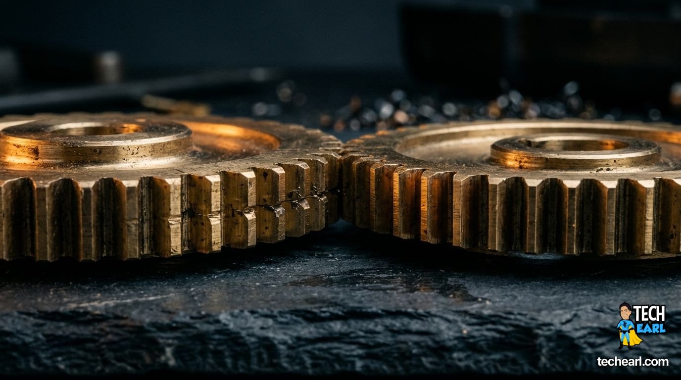 Macro photograph of two brass interlocking gears on a dark slate workbench, teeth perfectly meshed, single warm side lamp lighting the metal