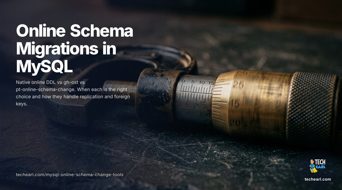 Online schema changes in MySQL compared: native online DDL (5.6+) vs gh-ost vs pt-online-schema-change. When each is the right choice, replication safety, and rollback.