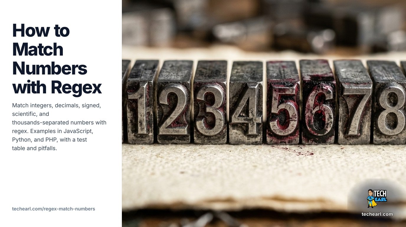 Match integers, decimals, signed, scientific, thousands-separated, currency, and percent numbers with regex. JavaScript / Python / PHP examples, engine notes, common mistakes, test table.