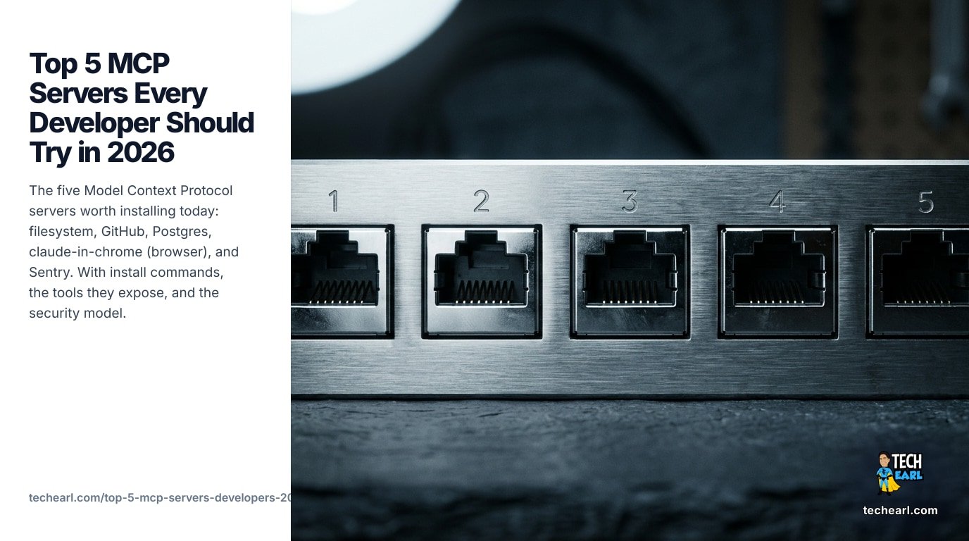 The five must-install MCP servers in 2026: filesystem, GitHub, Postgres, claude-in-chrome, and Sentry. Install commands, capabilities, security model, and FAQ.