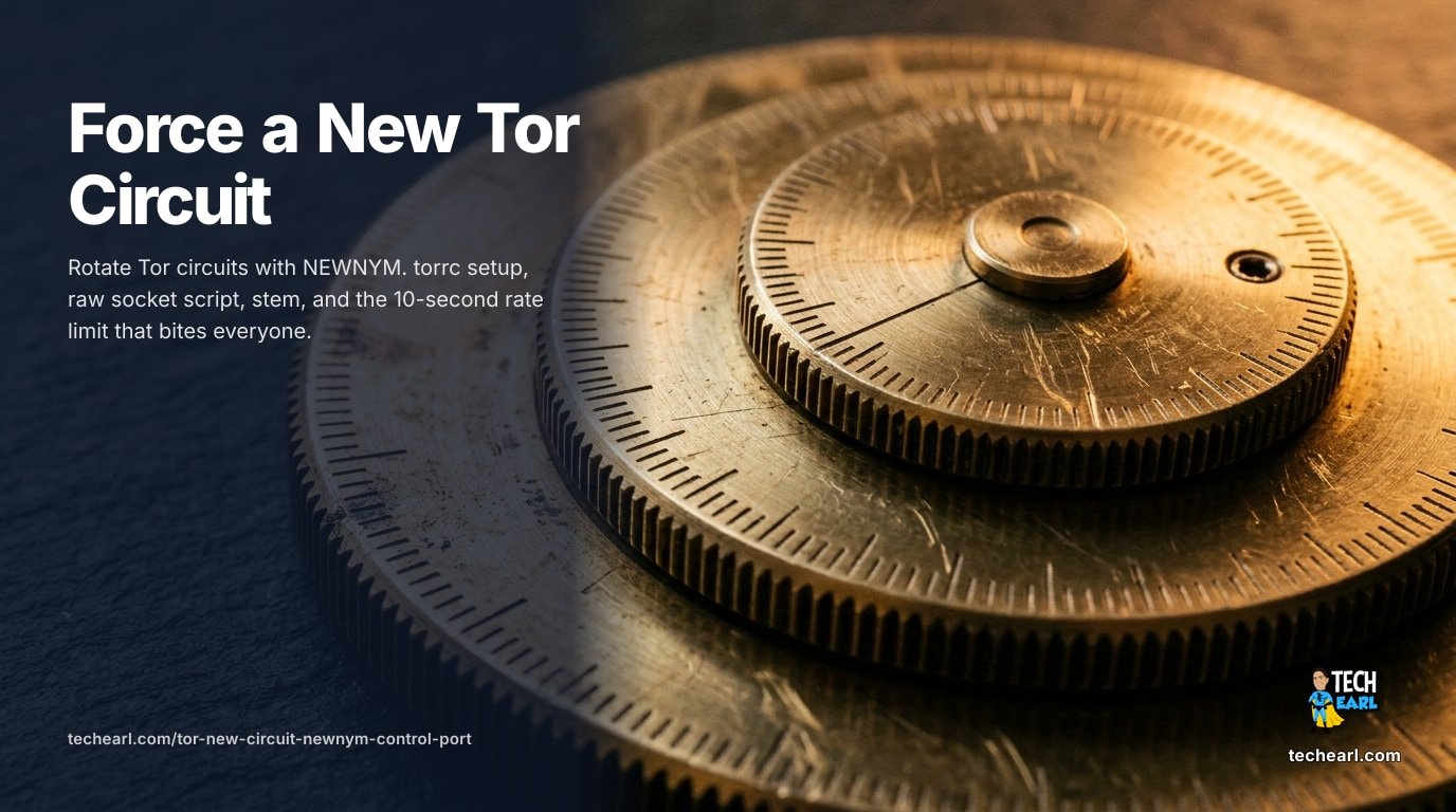 Rotate Tor circuits with NEWNYM. torrc ControlPort setup with cookie or password auth, raw socket and Python stem scripts, the 10-second rate limit, and what NEWNYM does not change.