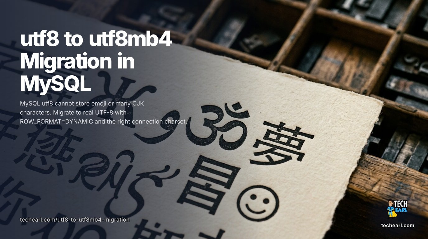 Migrate MySQL from utf8 to utf8mb4: convert databases, tables, and columns; fix the 767-byte index-length limit with ROW_FORMAT=DYNAMIC and innodb_large_prefix; restore connection charset.
