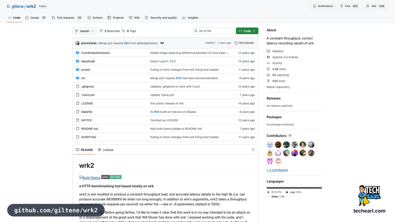github.com/giltene/wrk2, the GitHub repository for wrk2, an HTTP benchmarking tool with corrected latency measurement
