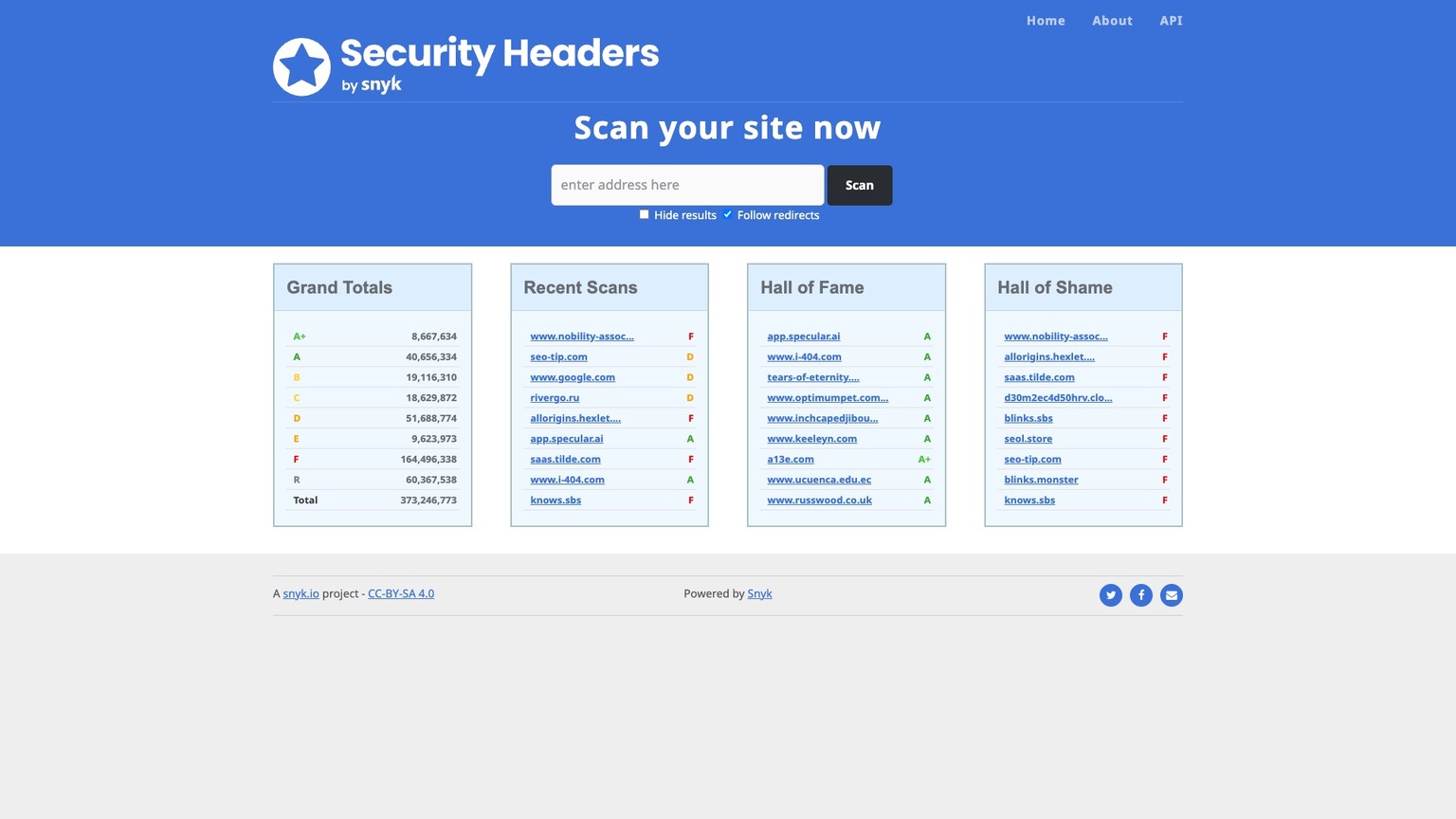 securityheaders.com, Scott Helme's hosted security header grader that returns an A through F score for a given URL