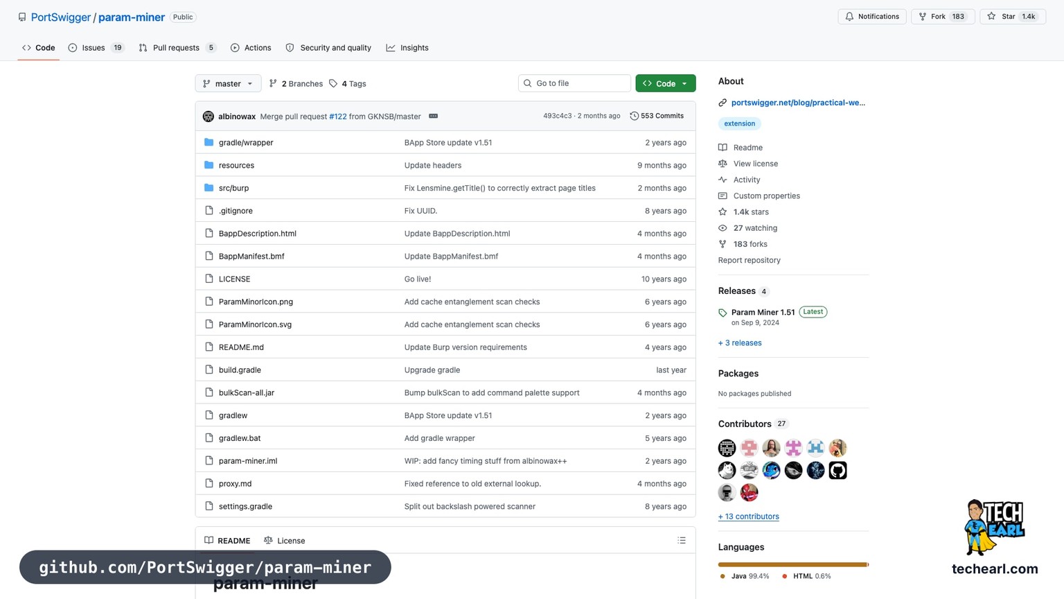 github.com/PortSwigger/param-miner, the GitHub repository for Param Miner, a Burp Suite extension that discovers hidden HTTP parameters