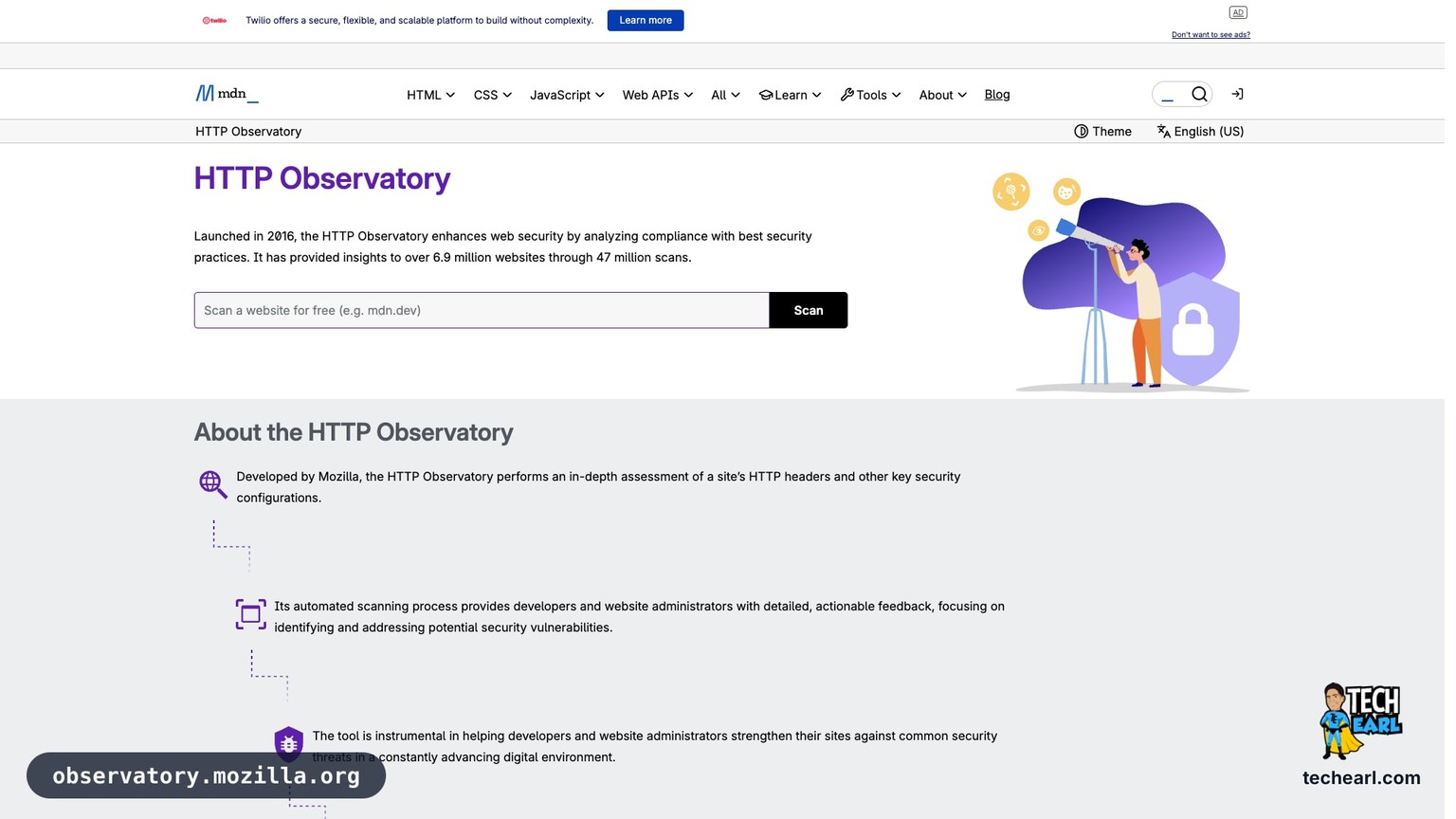 observatory.mozilla.org showing a security headers scan with CSP, X-Frame-Options, and cookie SameSite results