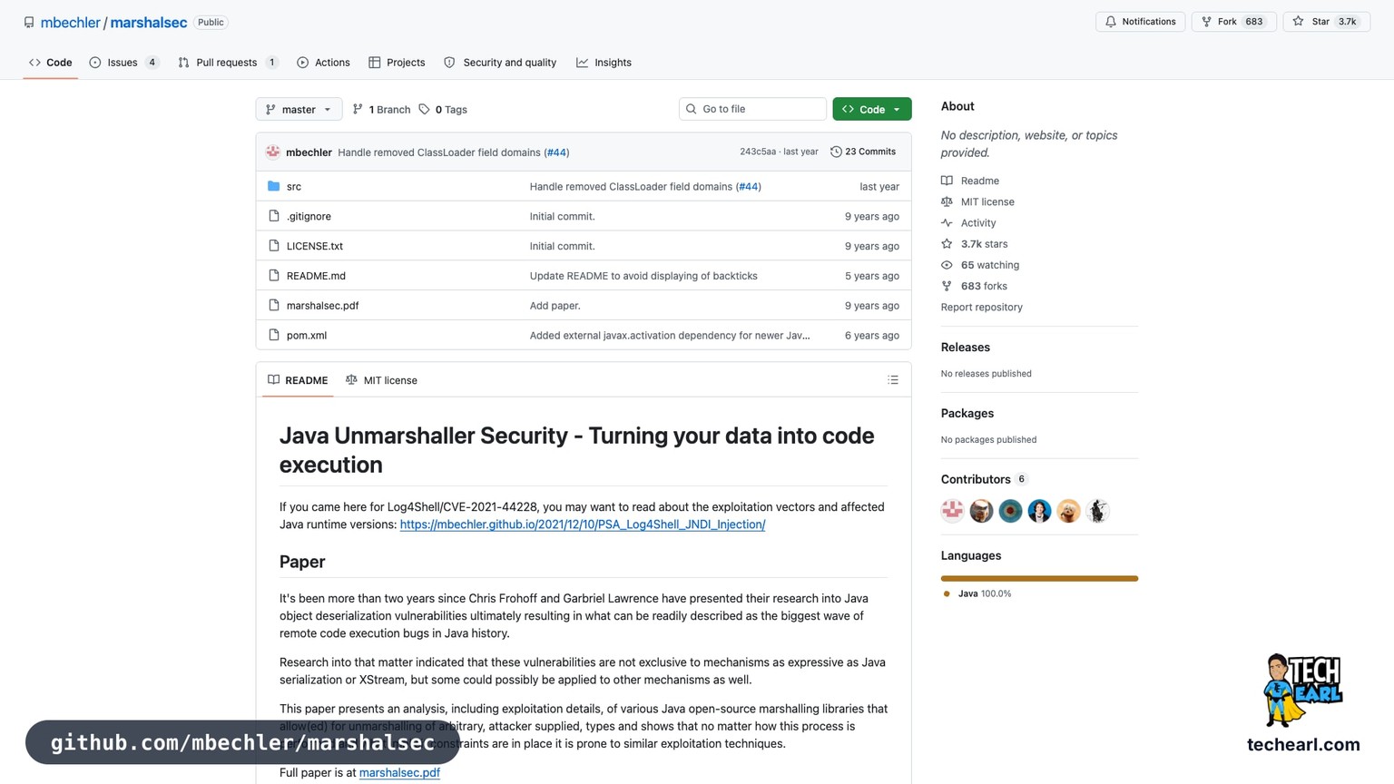 github.com/mbechler/marshalsec, the GitHub repository for marshalsec, a Java deserialization research toolkit covering JSON, YAML, and XML libraries
