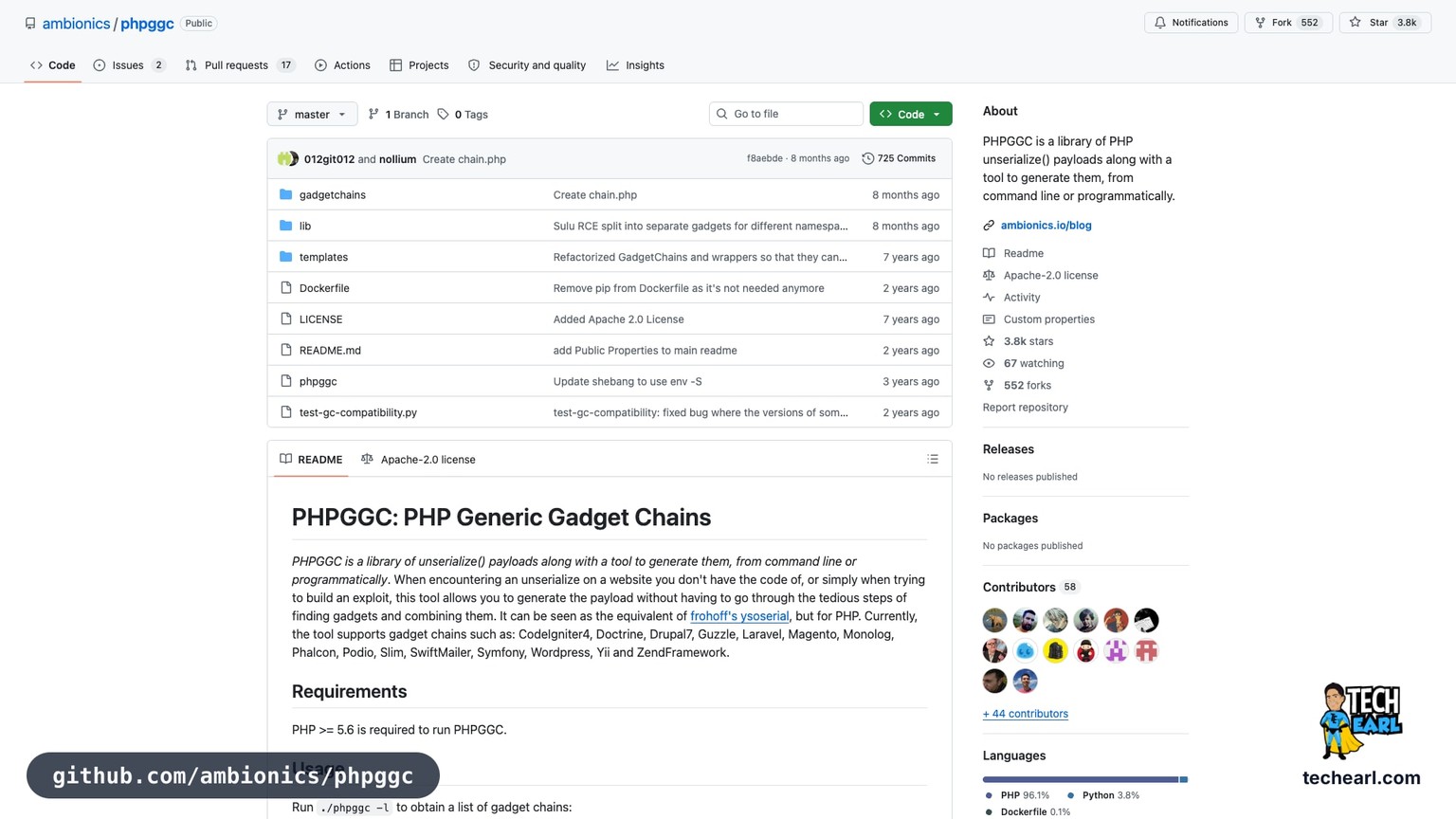 github.com/ambionics/phpggc, the GitHub repository for PHPGGC, the PHP unserialize gadget chain generator