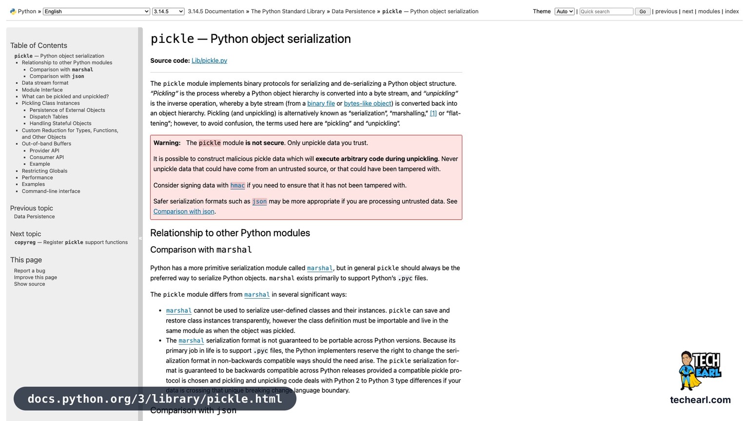 docs.python.org/3/library/pickle, the official Python documentation for the pickle module, the canonical insecure Python deserialization sink