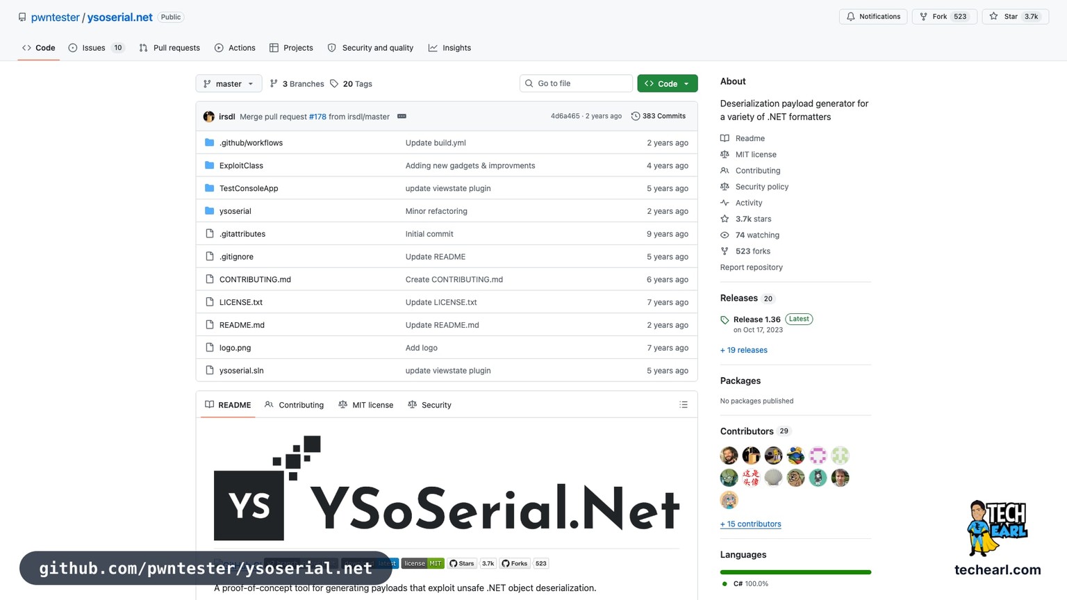 github.com/pwntester/ysoserial.net, the GitHub repository for ysoserial.net, the .NET deserialization payload generator