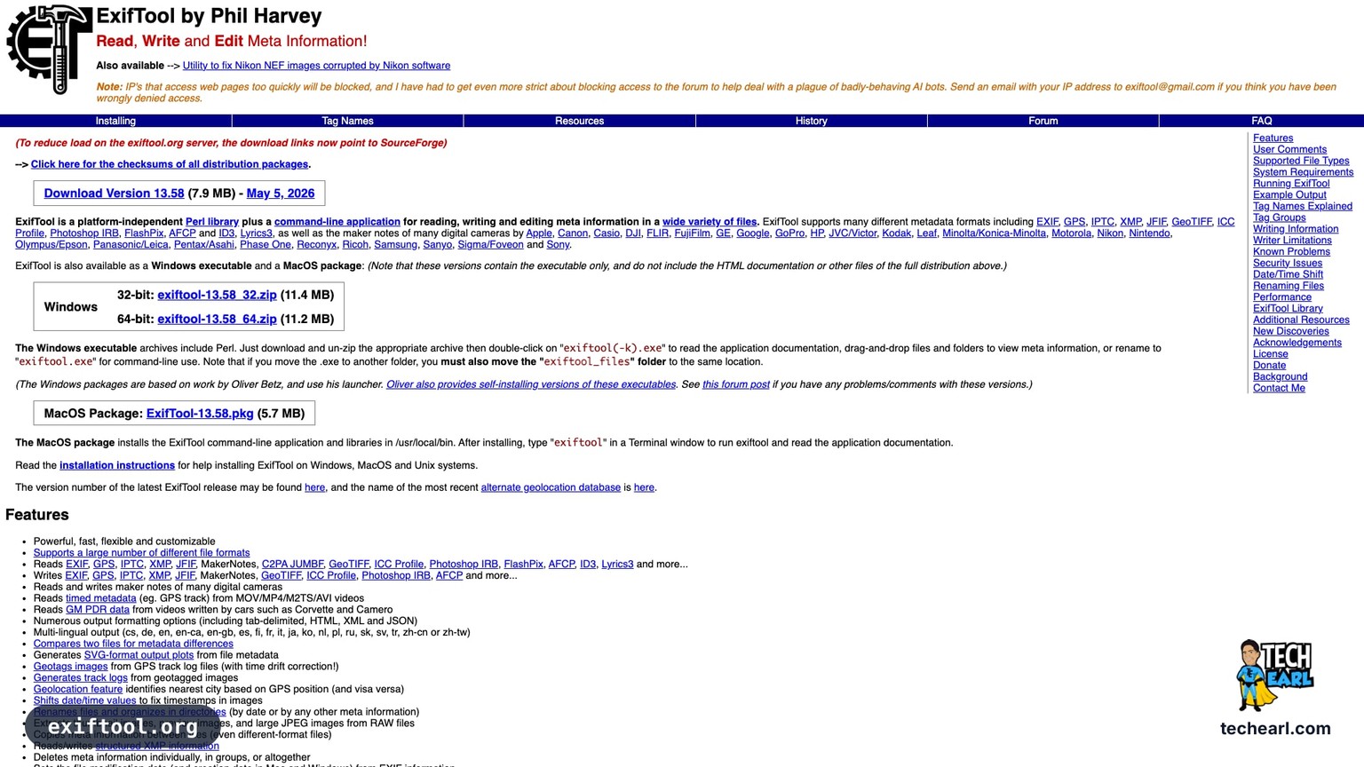 exiftool.org, the official site for exiftool, the canonical metadata read/write utility used in upload-chain payload injection