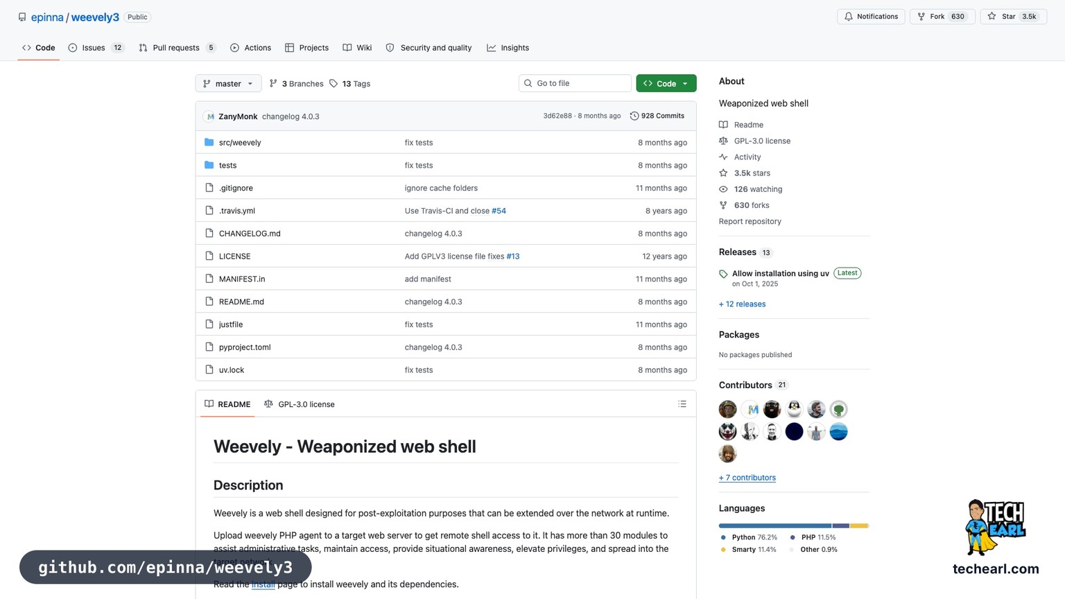 github.com/epinna/weevely3, the GitHub repository for weevely, a stealth PHP webshell generator with a built-in client