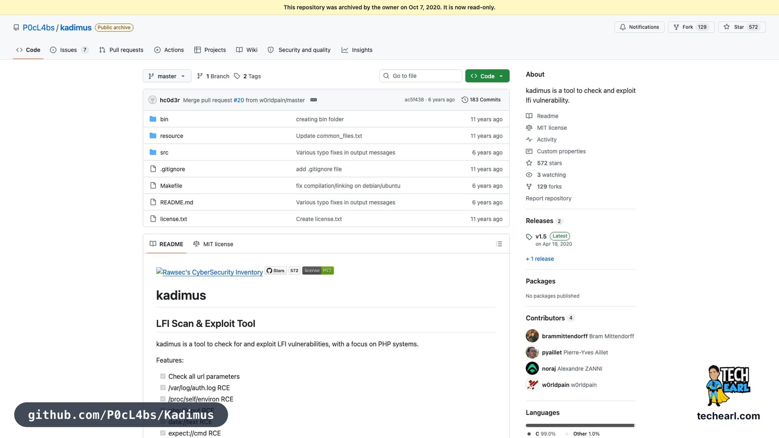 github.com/P0cL4bs/Kadimus, the GitHub repository for kadimus, a fast C-based LFI scanner for php filter chains and known RCE paths